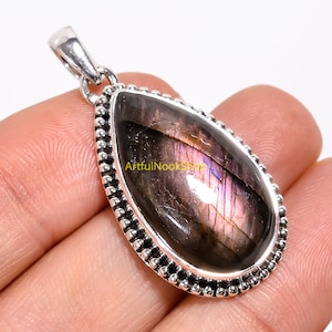 Natural Purple Labradorite Stone Pendant, 925 Sterling Silver Pendant, Handmade Statement Pendant, Purple Labradorite Gift Jewelry for Women