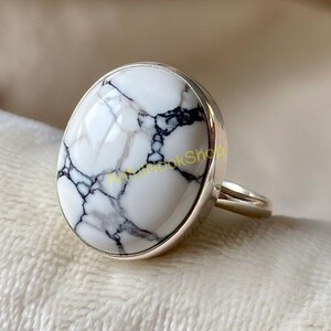White Howlite Gemstone Ring, 925 Sterling Silver Ring, Statement Ring, Howlite Jewelry, Christmas Valentine&#39;s Day Gift for Wife Mother