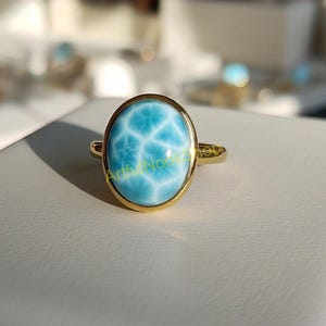 Larimar Gold Ring, 925 Sterling Silver 18K Yellow Gold Plated Ring, Statement Ring Handmade Ring, Boho Rings, Larimar Gold Jewelry for Women