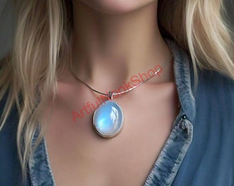 Natuurlijke topkwaliteit Blue Fire Rainbow Moonstone-hanger, 925 sterlingzilveren hanger, kettinghanger ketting voor vrouwen, Valentijnsdagcadeau
