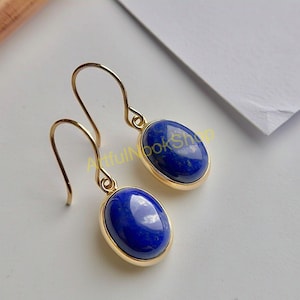 Natural Blue Lapis Lazuli Stone Yellow Gold Dangle Earrings, Pure 925 Sterling Silver 18K Yellow Gold Plated Earrings, Dangle Earrings