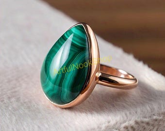 Green Malachite Stone Rose Gold Ring 925 Sterling Silver Rose 18K Gold Plated Ring Statement Ring Malachite Rose Gold Jewelry for Women