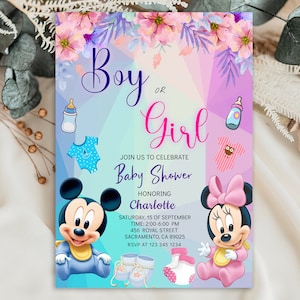 Gender Reveal-uitnodiging Mickey en Minnie Mouse-sjabloon | Sjabloon feestuitnodiging | Uitnodiging voor jongen of meisje | Aquarel | Bewerkbare uitnodiging