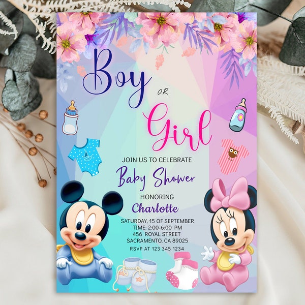 Gender Reveal Invitation Mickey and Minnie Mouse Template | Party Invite Template | Boy or Girl Invite | Watercolor | Editable Invitation