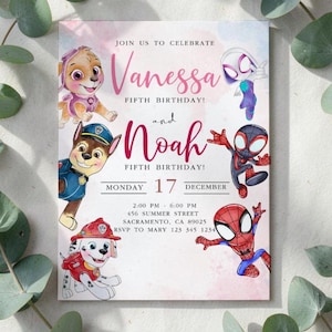 May include: A rectangular birthday invitation card featuring cartoon characters Skye, Chase, and Marshall from Paw Patrol alongside Spider-Man and Ghost-Spider. The text reads: JOIN US TO CELEBRATE Vanessa FIFTH BIRTHDAY! and Noah FIFTH BIRTHDAY! MONDAY 17 DECEMBER 2:00 PM - 6:00 PM 456 SUMMER STREET SACRAMENTO, CA 89025 RSVP TO MARY 123 345 1234.