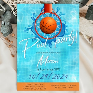 Pool Party Basketball Birthday Invitation Template Printable, Basketball Birthday Invitation