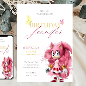 Invitation numérique d'anniversaire de Sonic Amy Rose | Faire-part d'anniversaire modifiable de Sonic le hérisson | Invitation numérique filles