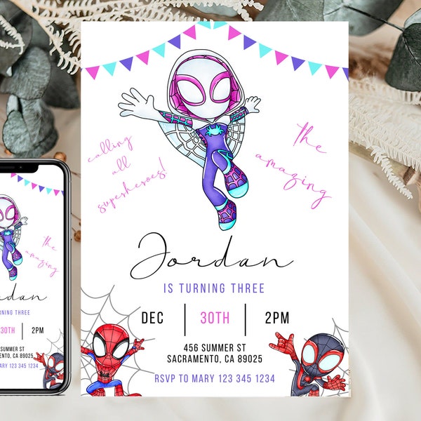 Invitation d'anniversaire Ghost Spider Girl Spidey et ses incroyables amis invitent Gwen Stacy Invitation à une fête d'anniversaire