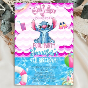 Editable Stitch Pool Party Birthday Invitation Template, Printable Birthday Party Invitations, Digital Kids Party Invite