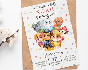 Editable Paw-ty Birthday Invitation Template | Puppy Patrol Pup Crew Boys & Girls Bday | Kids Printable Party Invitation | Instant Download