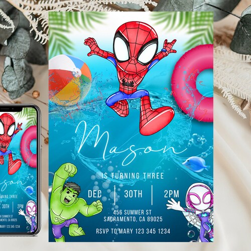 Invitación de cumpleaños de Spidey y sus amigos: Fiesta en la piscina (Descarga digital)
