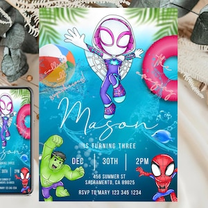Pool Party Ghost Hulk Spidey Birthday Invitation Girl Spidey and his Amazing Friends Invite Gwen Stacy Birthday Party Invitation