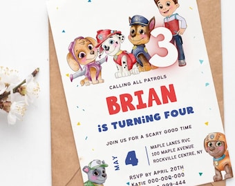 May include: A birthday party invitation featuring cartoon characters and the text "BRIAN is TURNING FOUR." The design includes the number 3, the date May 4th, and RSVP details. The invitation is on a white background.