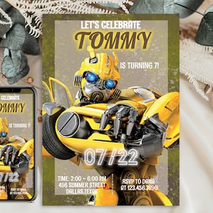 Può includere: Un invito di compleanno con un personaggio robot giallo e nero. L'invito include il testo "LET'S CELEBRATE TOMMY IS TURNING 7!" e la data "07/22". Ulteriori dettagli includono l'ora, l'indirizzo e le informazioni RSVP.