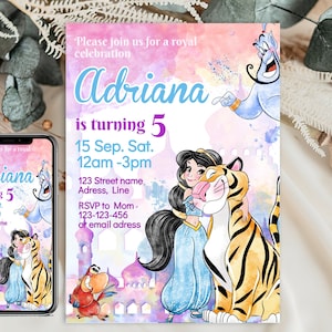 Invitación de la princesa Jasmine, invitación digital de la princesa Jasmine, invitación imprimible de la princesa Jasmine