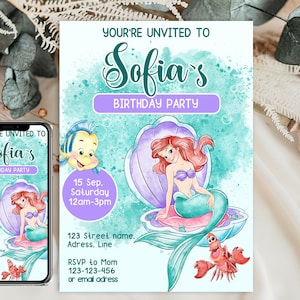 Faire-part d'anniversaire modifiable petite sirène, modèle d'invitation d'anniversaire Ariel, carte la petite sirène, Invitation numérique princesse Ariel
