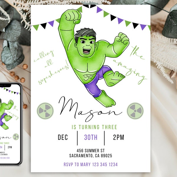 Modèle modifiable d'invitation d'anniversaire Hulk, invitation de fête d'anniversaire imprimable, modèle numérique d'invitation de fête d'enfants, hulk Bday