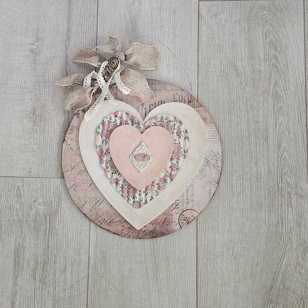 Shabby Chic/French Country Door or Wall Hanging, Metal and Wood, Hearts, Vintage Buttons