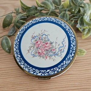Large Antique Powder Box/Compact With Mirror, Hinged lid, and Powder Puff, Blue, Brass, With Pink Roses. 4&quot; diameter, Gift for Collector