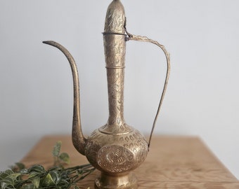Vintage Etched Brass Aftaba Dallah Coffee/Tea Pot, From India.  Genie Bottle, Arabian decor.
