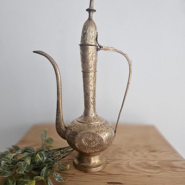 Vintage Etched Brass Aftaba Dallah Coffee/Tea Pot, From India.  Genie Bottle, Arabian decor.