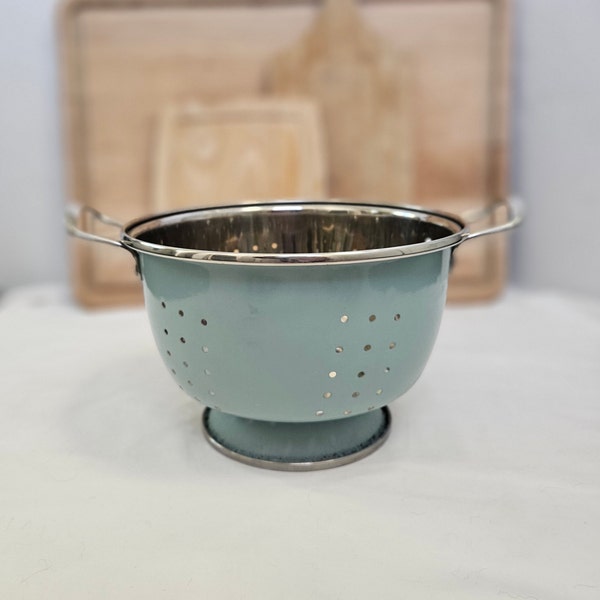 Beautiful Vintage Dusky Blue Enamel Colander.  Spring decor.