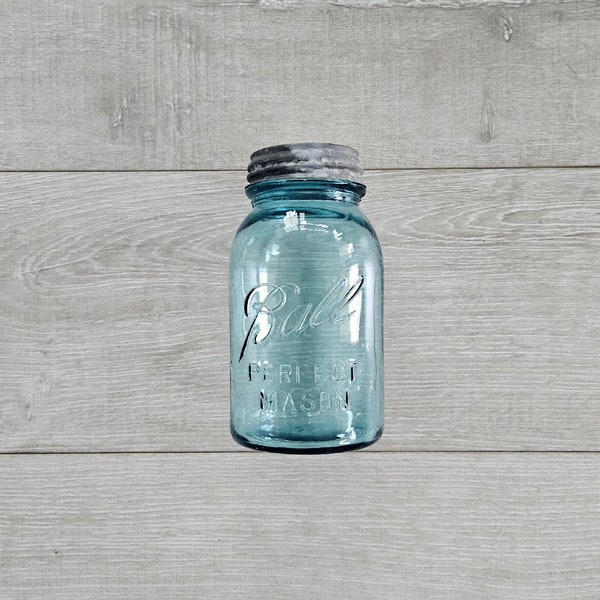 Antique "Ball blue" Embossed Blue Glass Quart Sized Ball Perfect Mason Canning Jar with Original Zinc & Milk Glass Screw Cap and Embossed #6