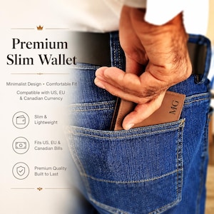 May include: A brown leather wallet with the initials "MG" embossed on the front is partially visible in a back pocket of blue jeans. The text "Premium Slim Wallet" is displayed above the wallet, with additional text describing its features.