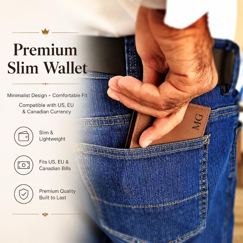 May include: A brown leather wallet with the initials "MG" embossed on the front is partially visible in a back pocket of blue jeans. The text "Premium Slim Wallet" is displayed above the wallet, with additional text describing its features.