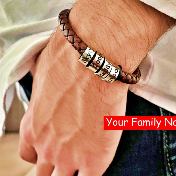 Bracelet de perles en cuir personnalisé, bracelet prénom fait main personnalisé, cadeau fête des pères pour lui, papa, père, petit ami, anniversaire, anniversaire