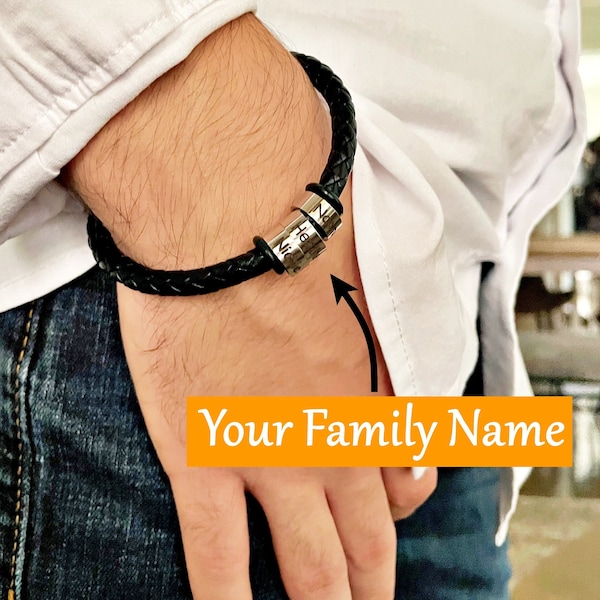Pulsera de cuero trenzado personalizada, con cuentas con nombre personalizado, regalo para él
