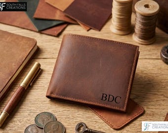 Personalized Leather Wallet for Men, Custom Handmade Bifold with RFID Blocking, Engraved Handwritten Message Gift for Him, Fathers Day