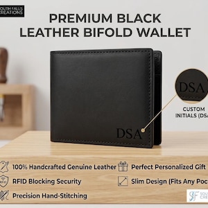 May include: A black leather bifold wallet with the initials "DSA" engraved on the front. The wallet is handcrafted and features RFID blocking security and precision hand-stitching. The text "PREMIUM BLACK LEATHER BIFOLD WALLET" is displayed at the top.