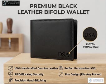 Personalized Leather Wallet for Men, Custom Handmade Bifold with RFID Blocking, Engraved Message, Logo, Picture Gift for Him, Graduation