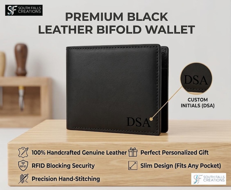 May include: A black leather bifold wallet with the initials "DSA" engraved on the front. The wallet is handcrafted and features RFID blocking security and precision hand-stitching. The text "PREMIUM BLACK LEATHER BIFOLD WALLET" is displayed at the top.