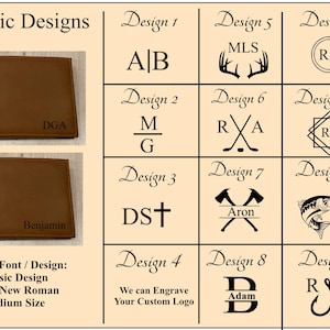 May include: A display of brown leather wallets with various engraved designs and initials. The image showcases different font styles and logo options, including initials, symbols, and custom engravings. The text reads "Classic Designs".