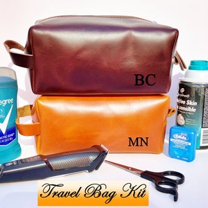 Personalized Leather Dopp Travel Kit, Customized Toiletry Bag, Gift for Anniversary, Wedding, Groomsmen Birthday Him, Dad, Boyfriend, Father