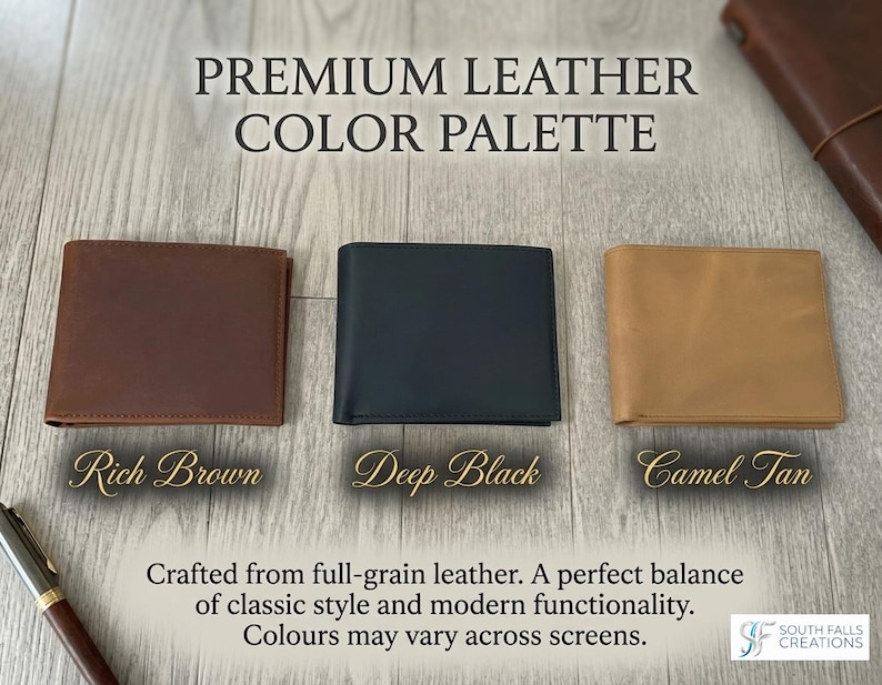 May include: Image of three leather wallets in a color palette: Rich Brown, Deep Black, and Camel Tan. The wallets are crafted from full-grain leather. The text "PREMIUM LEATHER COLOR PALETTE" is at the top.