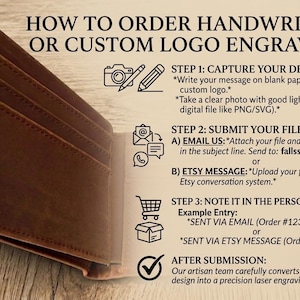 May include: A brown leather wallet with multiple card slots is displayed open, showcasing its interior. Text on the image details how to order custom engraving, including steps for design capture, file submission, and personalization. The wallet is from South Falls Creations.