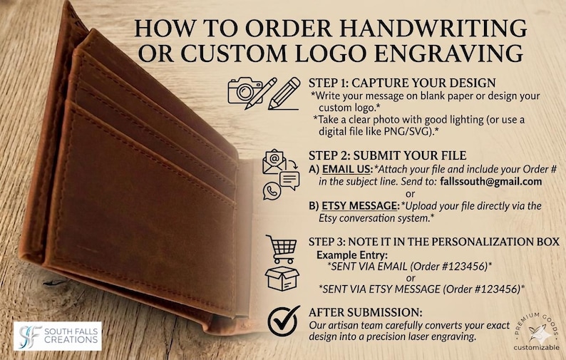 May include: A brown leather wallet with multiple card slots is displayed open, showcasing its interior. Text on the image details how to order custom engraving, including steps for design capture, file submission, and personalization. The wallet is from South Falls Creations.