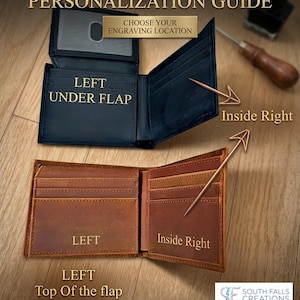 May include: A guide for wallet personalization. The image shows two open wallets, one navy blue and one brown, with text indicating engraving locations: "Left Under Flap," "Inside Right," and "Left Top of the flap." The text "Choose Your Engraving Location" is also visible.