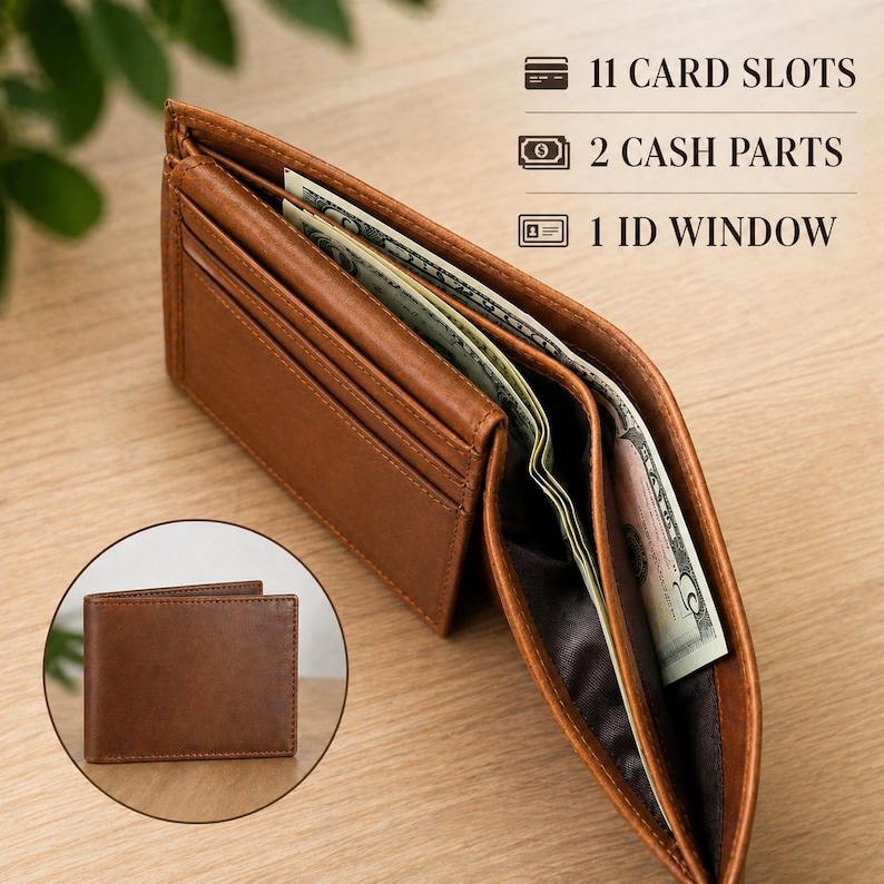 May include: Open brown leather wallet with cash and card slots. The wallet has 11 card slots, 2 cash parts, and 1 ID window. A smaller image of the closed wallet is in the lower left corner.