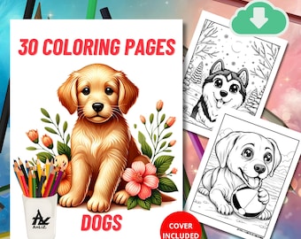 Puppy coloring book. 30 coloring pages for kids. PDF Download