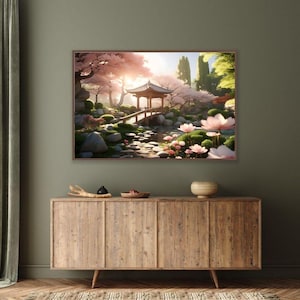 Japanese Zen Garden Wall Art | Serene Cherry Blossom Bridge Landscape | Tranquil Nature Print | Asian Decor for Home & Office