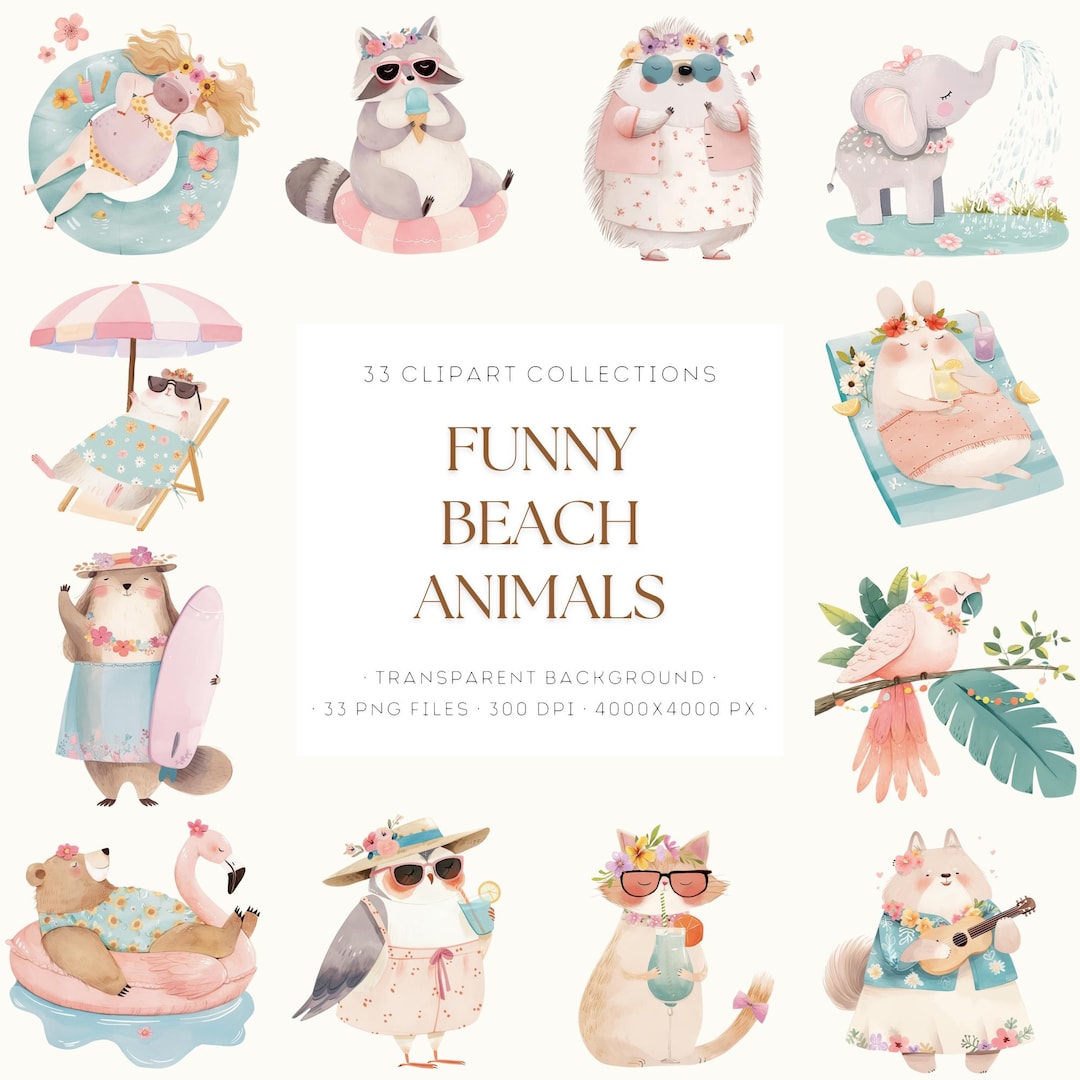 Funny Beach Animals Clipart, Cute Summer Animal PNG, Surfing and ...