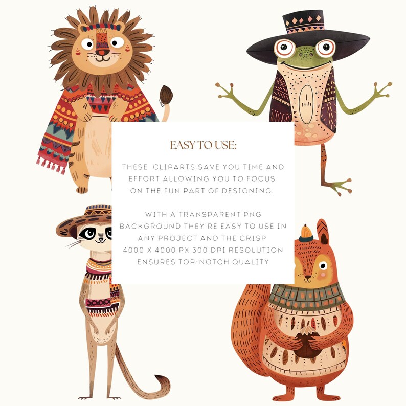 Cute Wearing Animals Clipart, Boho Animal Illustrations, Hand Drawn ...