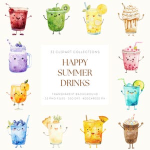 Happy Summer Drinks Clipart, Cute Kawaii Drinks PNG, Watercolor Cocktail Illustrations, Fun Lemonade, Smoothie, Tropical Juice, Iced Coffee