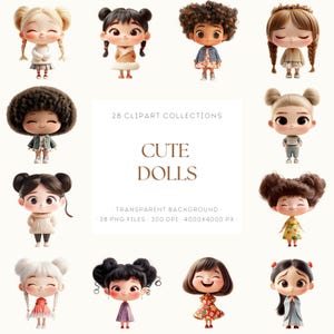 Cute Dolls Clipart, Adorable Doll Illustrations, Chibi Doll PNG, Kids Printable Dolls, Kawaii Girl Clipart, Cartoon Art Dolls for Crafts
