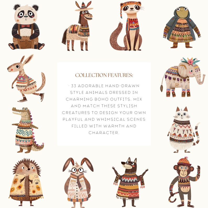 Cute Wearing Animals Clipart, Boho Animal Illustrations, Hand Drawn ...
