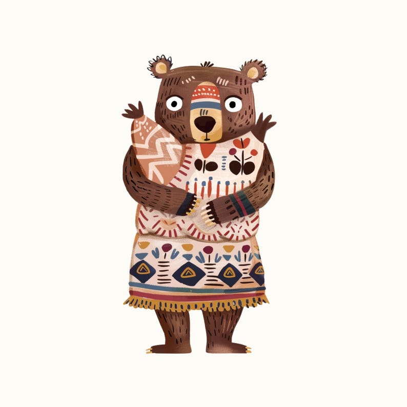 Cute Wearing Animals Clipart, Boho Animal Illustrations, Hand Drawn ...